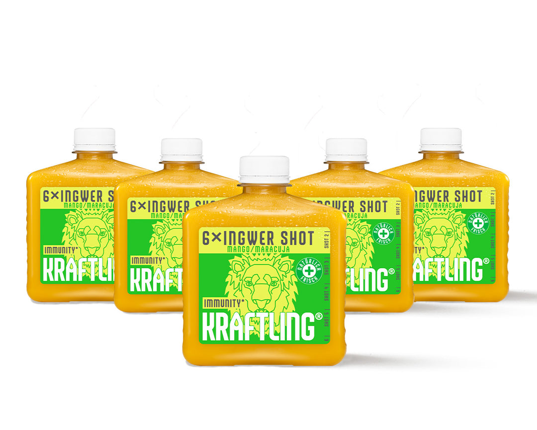 Kraftling® Immun-Flachmann Mango Maracuja – Monatsration (30 Shots in 5 Flaschen)