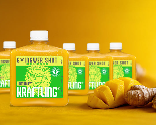 Kraftling® Immun-Flachmann Mango Maracuja – Monatsration (30 Shots in 5 Flaschen)