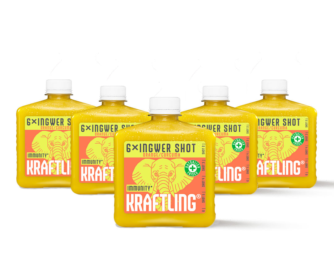 Kraftling® Immun-Flachmann Orange Curcuma – Monatsration (30 Shots in 5 Flaschen)