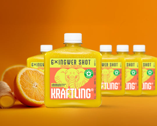 Kraftling® Immun-Flachmann Orange Curcuma – Monatsration (30 Shots in 5 Flaschen)