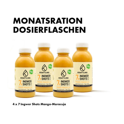 Monatsration - Ingwer Shot Mango Maracuja Dosierflasche - 4 x 7 Shots