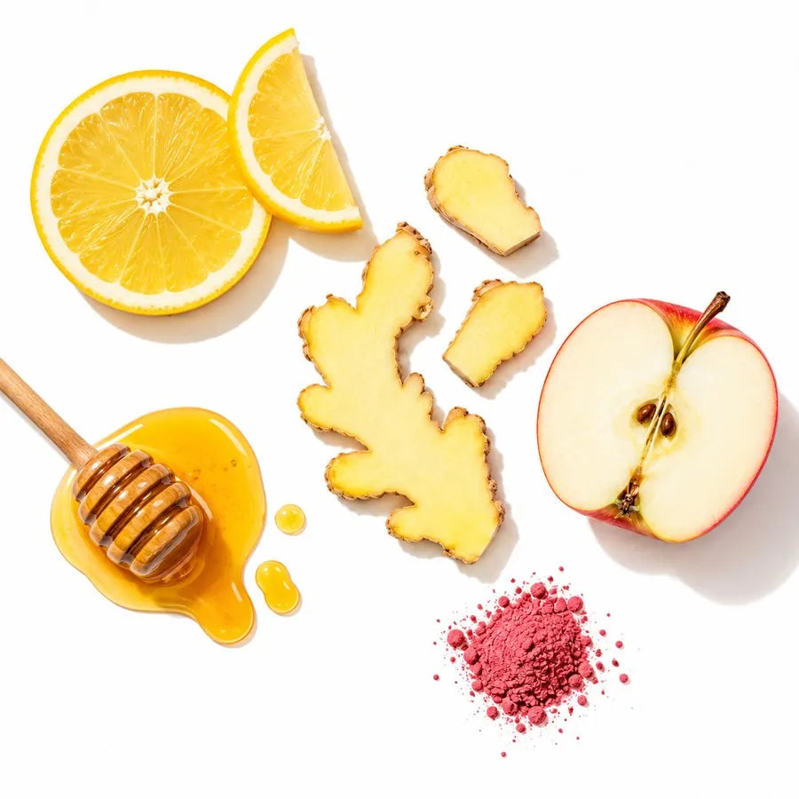 Zutaten: Zitrone, Ingwer, Honig, Apfel, Acerola